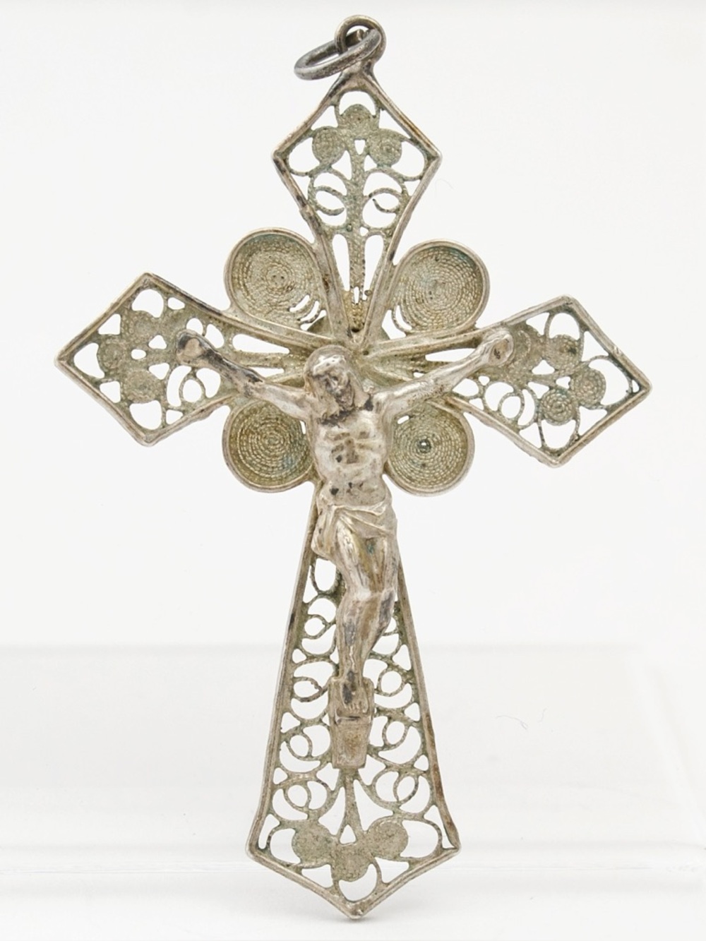 Vintage 800 Silver Crucifix Cross Necklace Pendant Intricate Spun Cannetille